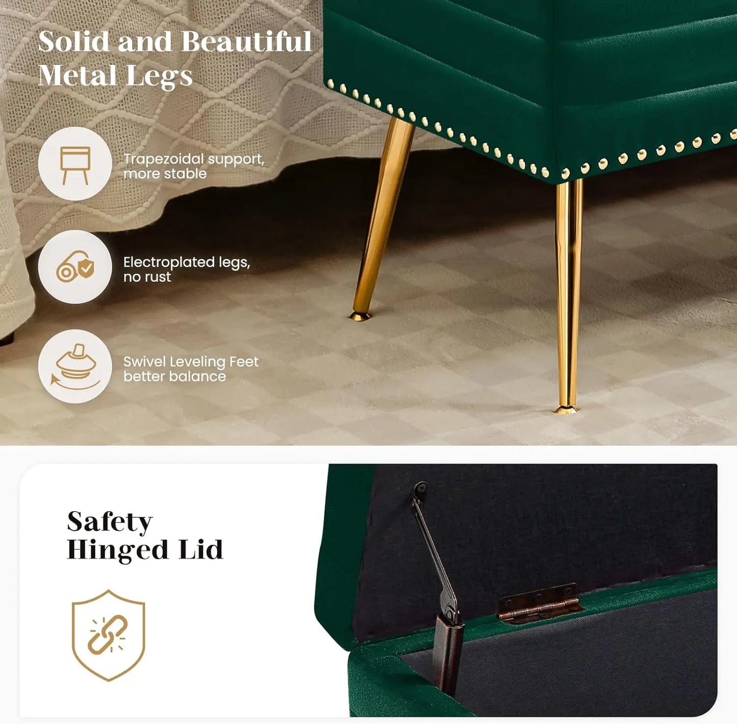 45" Velvet Storage Ottoman Bench, 17 Gallons End of Bed Bench with Gold Base & Diamond Tufted