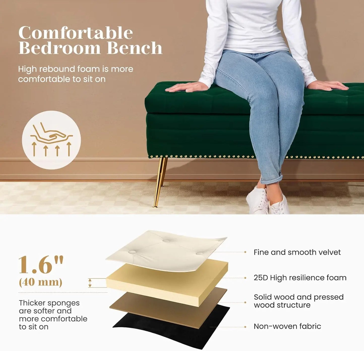 45" Velvet Storage Ottoman Bench, 17 Gallons End of Bed Bench with Gold Base & Diamond Tufted
