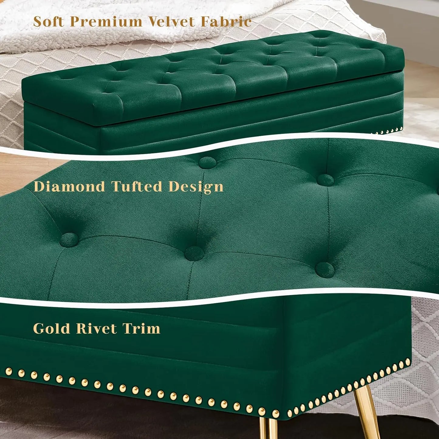 45" Velvet Storage Ottoman Bench, 17 Gallons End of Bed Bench with Gold Base & Diamond Tufted