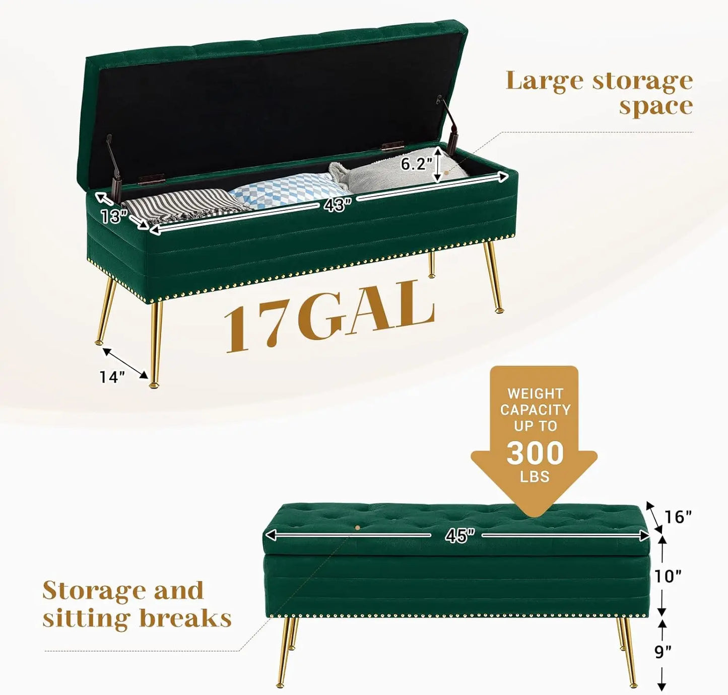 45" Velvet Storage Ottoman Bench, 17 Gallons End of Bed Bench with Gold Base & Diamond Tufted