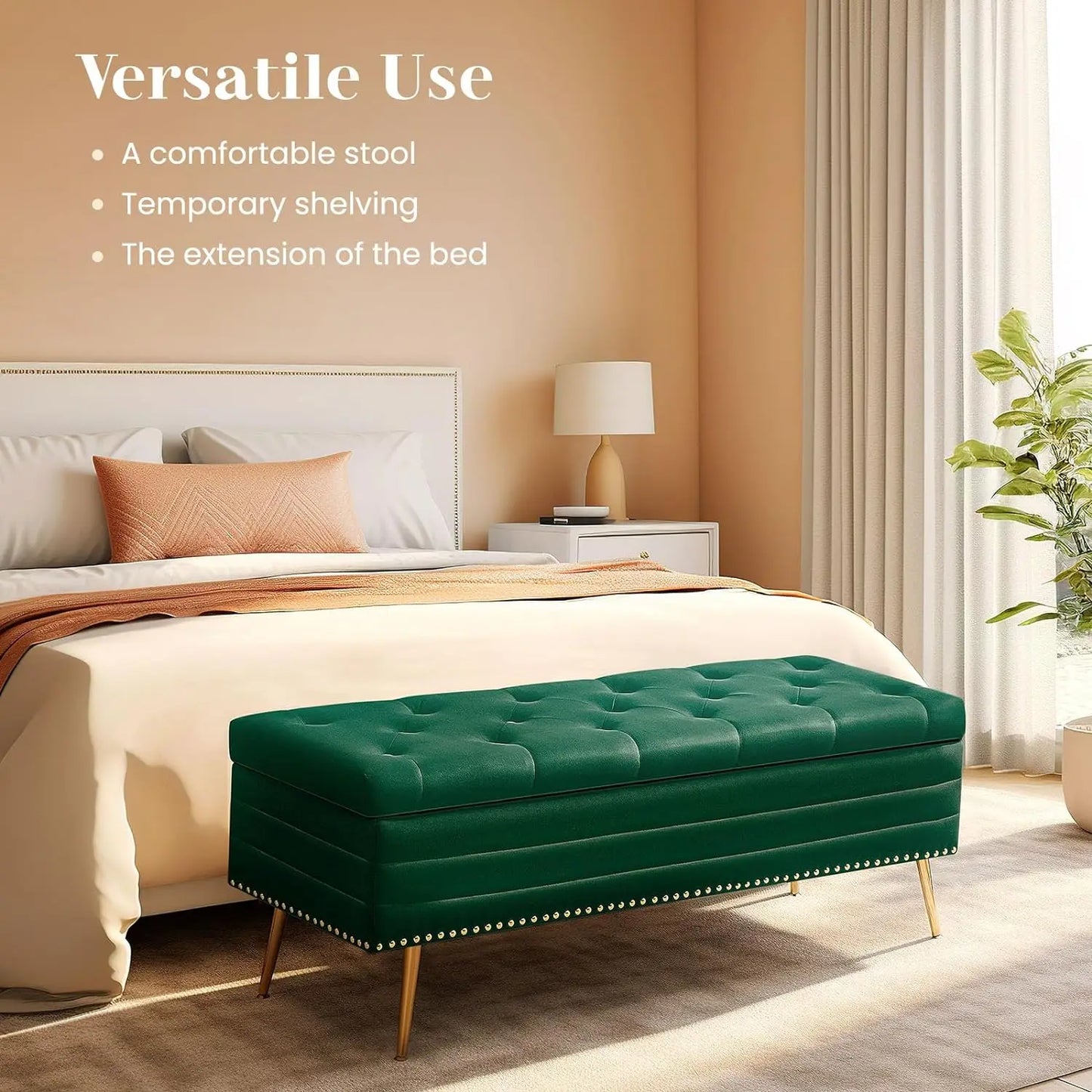 45" Velvet Storage Ottoman Bench, 17 Gallons End of Bed Bench with Gold Base & Diamond Tufted