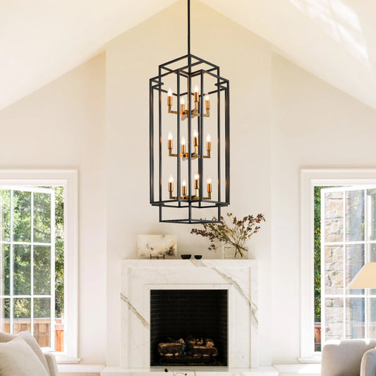 12-light Tiered Linear Chandeliers Classic American Lantern Industrial Farmhouse Pendant Light for Dining Room Kitchen Island