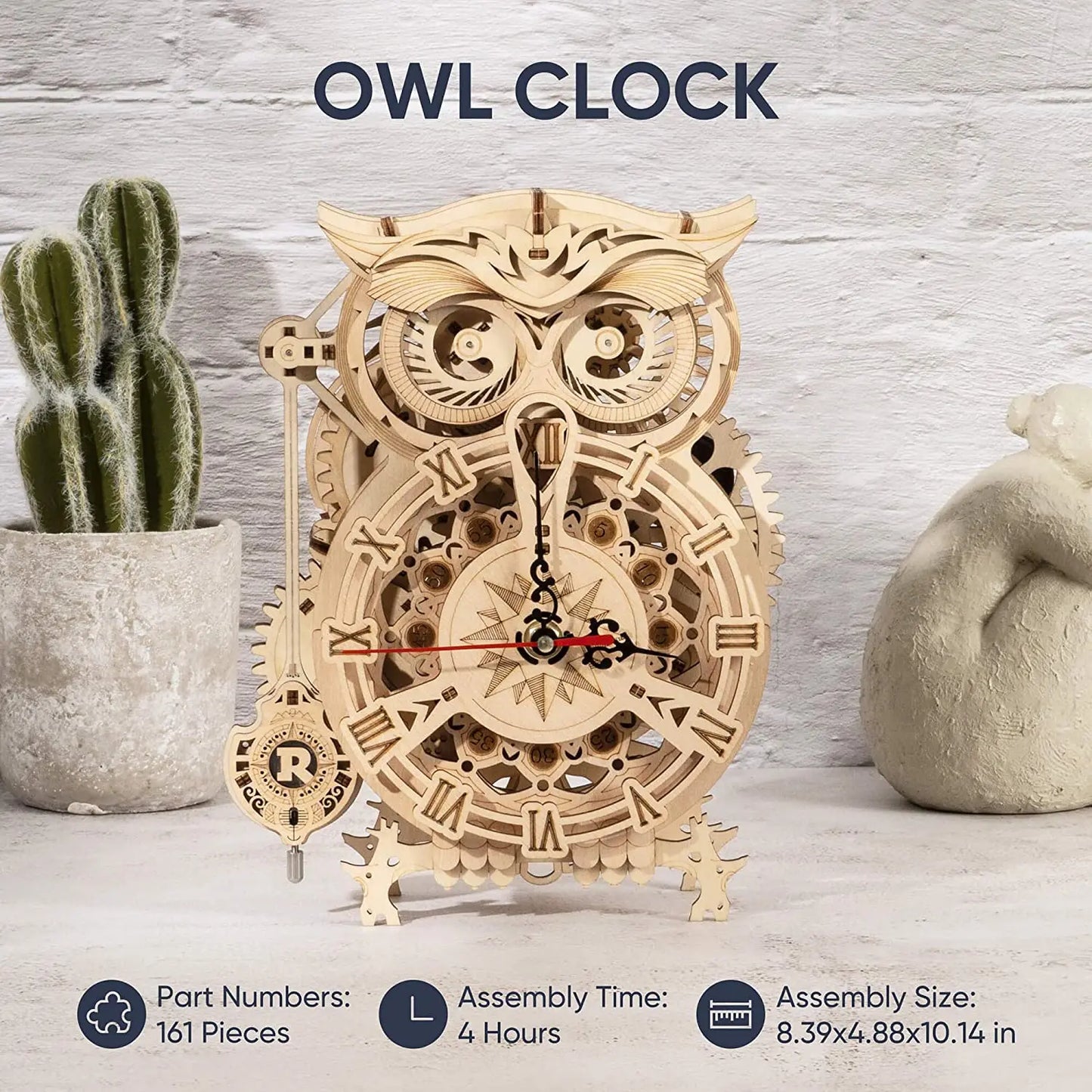 Robotime Rokr 161pcs Creative DIY 3D Owl Clock Wooden Model