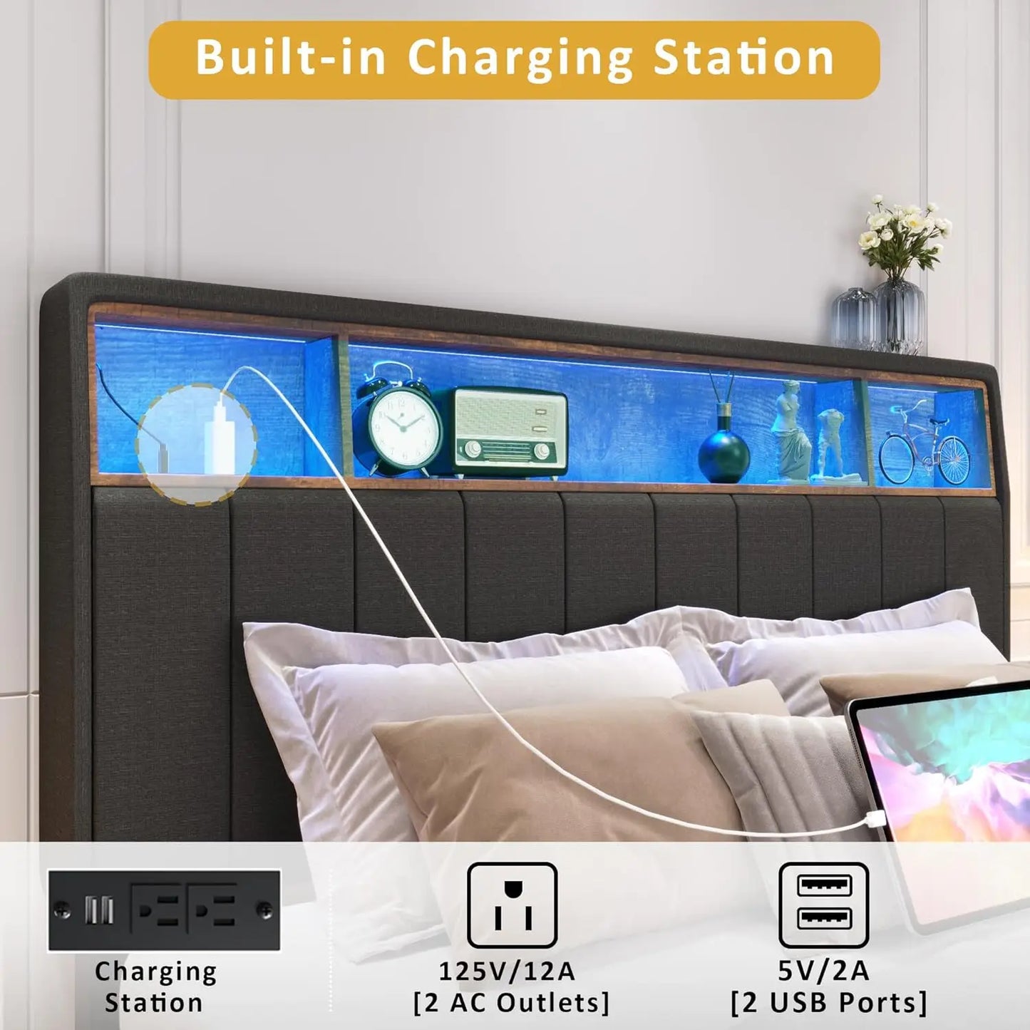 Queen Bed Frame with Storage Headboard, Upholstered Queen Bed Frame with Built in Charging Station & LED