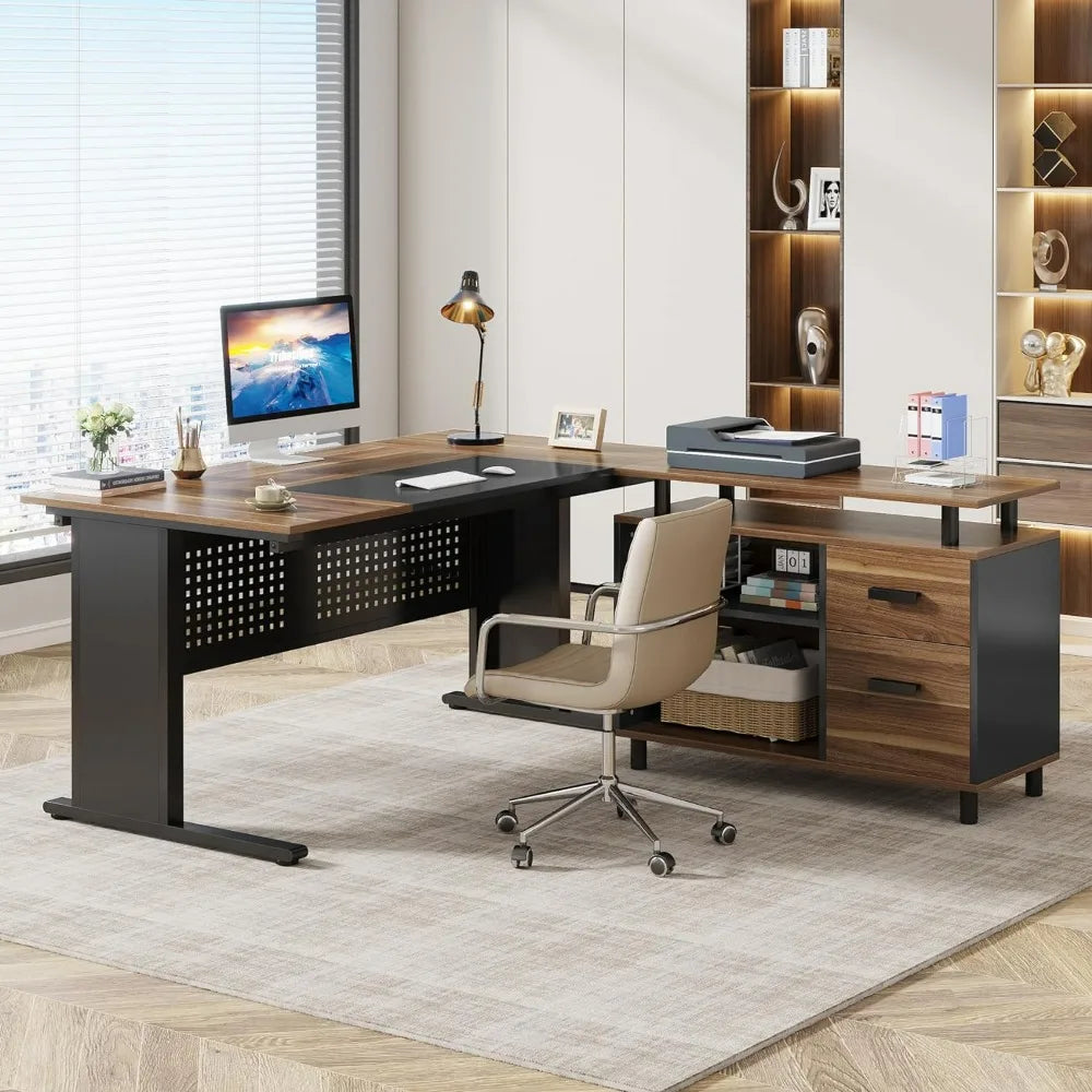 63 Inch Desk with File Cabinet, L Shaped Computer Desk with Drawers and Storage Shelves