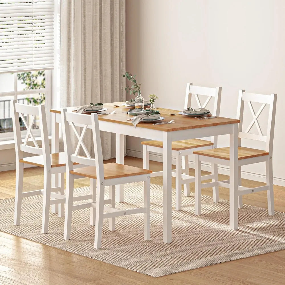 4-Person Dining Table Set, 5 Pieces Pine Wood Kitchen Table with 4 Chairs