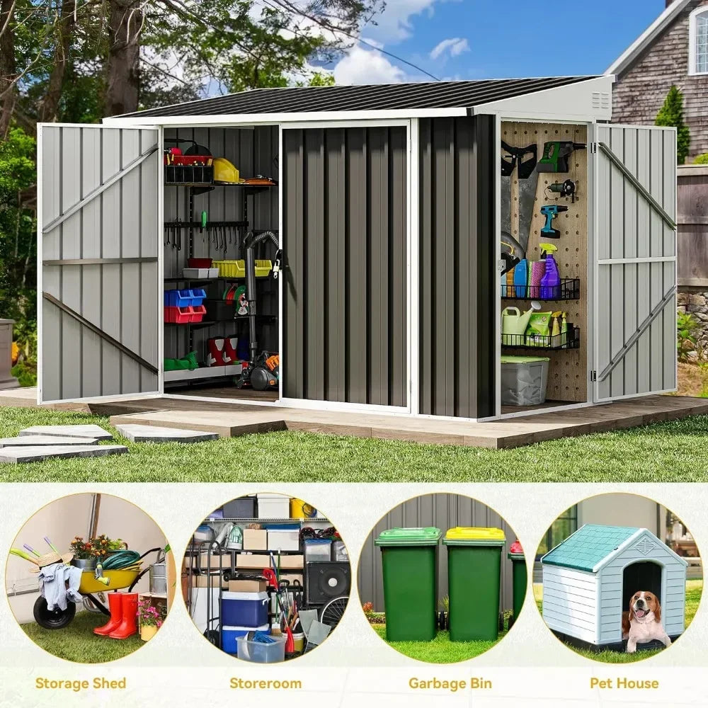 8x4ft Heavy Duty Garden Shed with 3 Lockable Doors & Air Vent & Sloped Roof, Waterproof