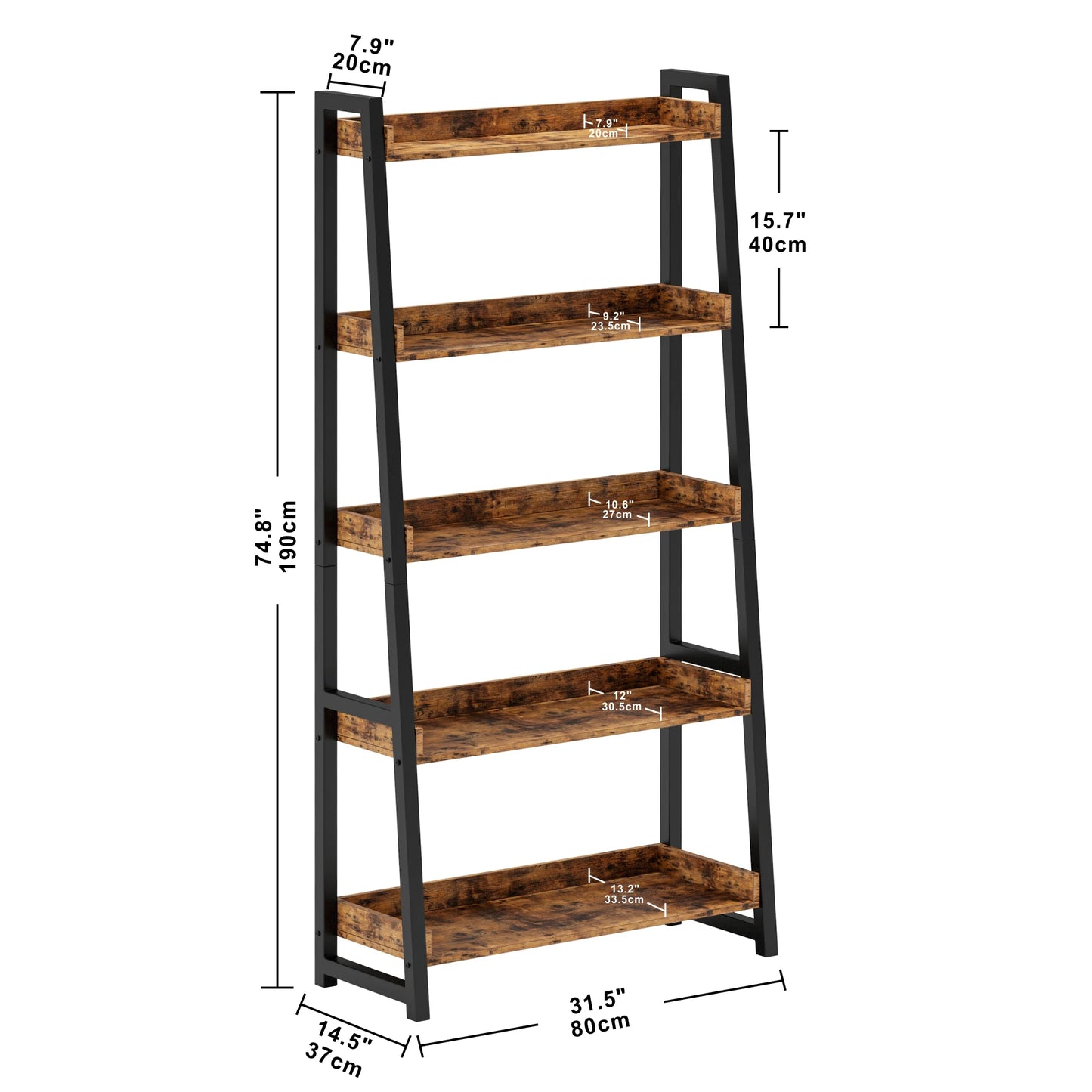 IRONCK Industrial Bookshelf 5-Tier 31.5in Wide, Ladder Shelves