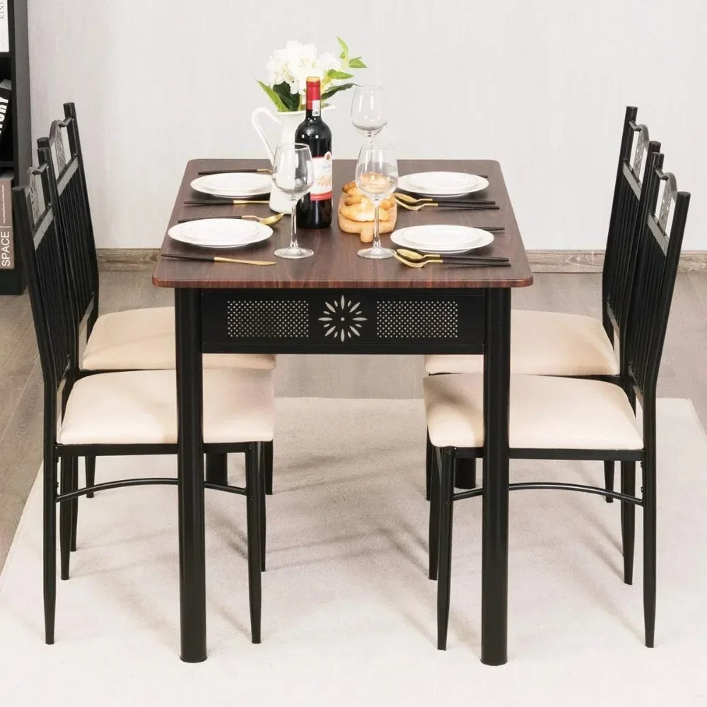 5 Piece Dining Table and Chairs Set Vintage Wood Top Metal Frame