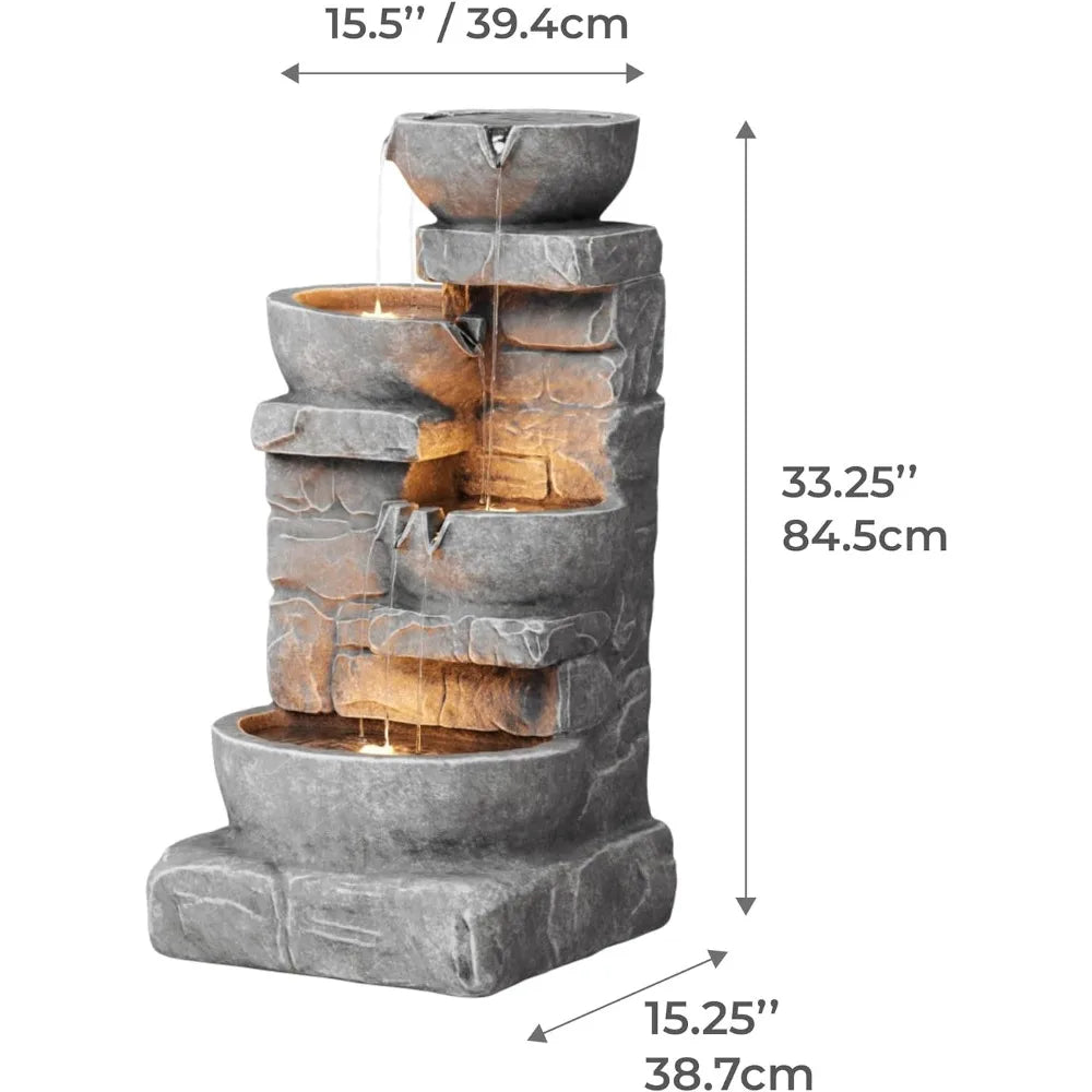 LED Outdoor Water Fountain, 4 Cascading Bowls and Stacked Stones