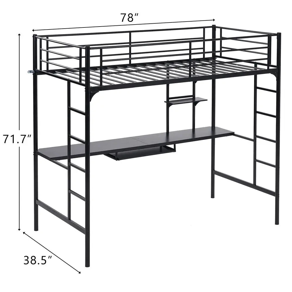 Heavy-duty Twin Metal Loft Bed Frame with Desk and 2 Shelf 2 Ladders for Teens