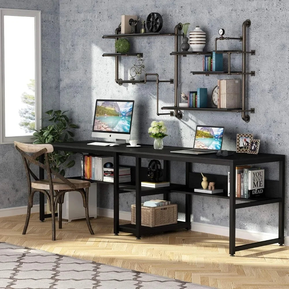 78.7" Two Person Writing Desk with Bookshelf for Home Office