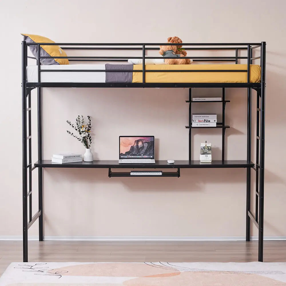 Heavy-duty Twin Metal Loft Bed Frame with Desk and 2 Shelf 2 Ladders for Teens