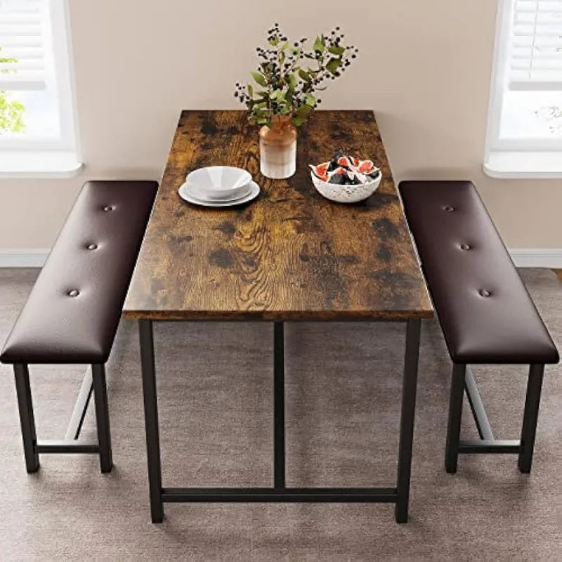 Rectangular Dining Room Table Set with 2 Upholstered Benches