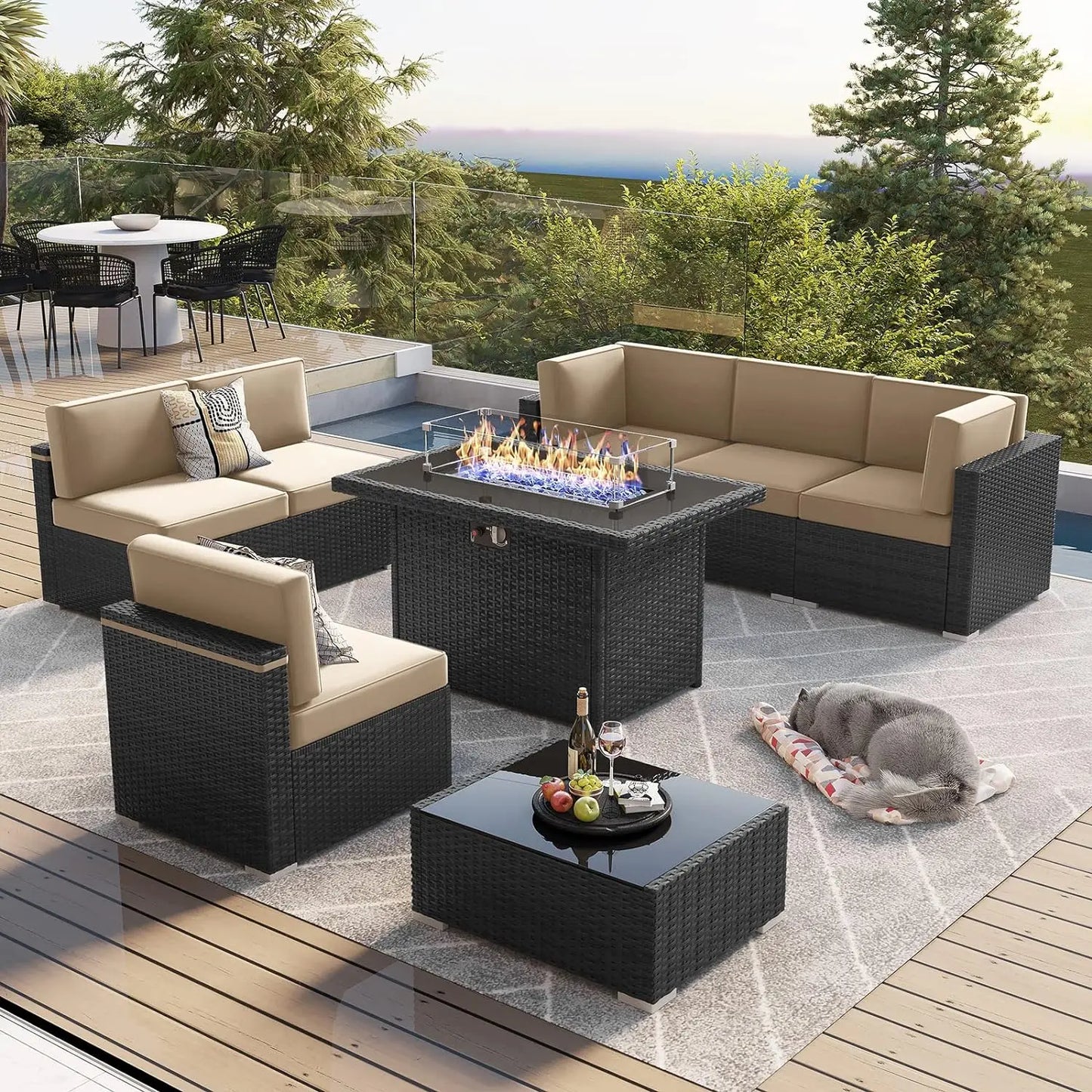 7/8 Pieces Outdoor Patio Furniture Set with Fire Pit Table