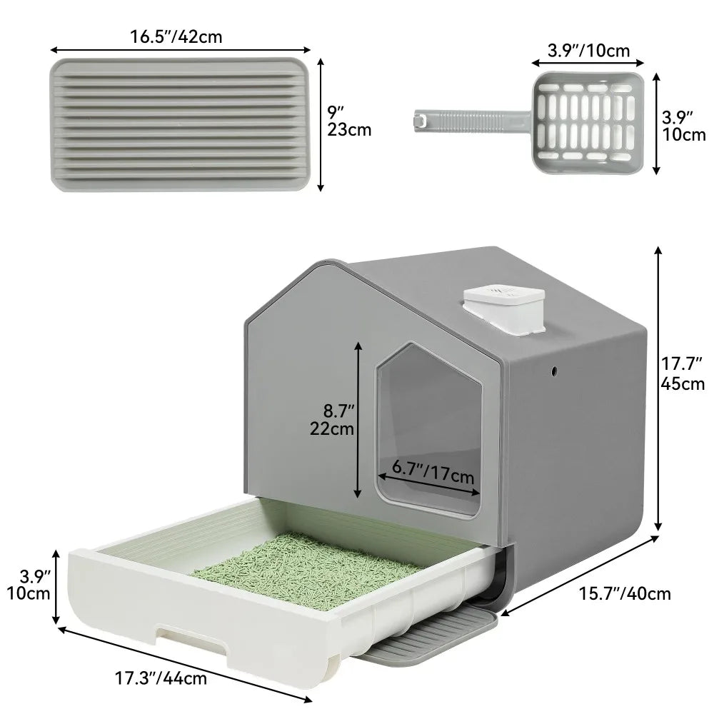 Extra Large Enclosed Cat Litter Box with Mat and Scoop