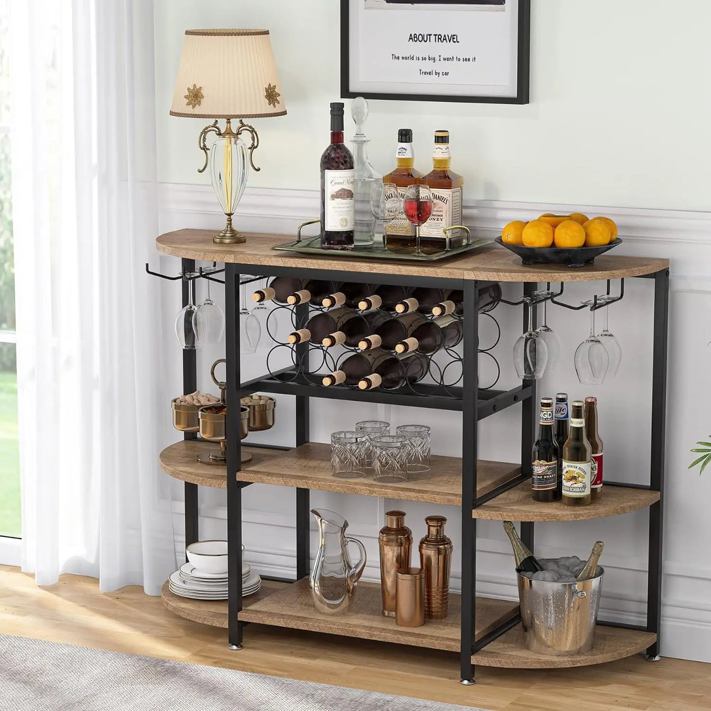 Wine Rack Table, 47 Inch Industrial Wine Bar Cabinet with Storage