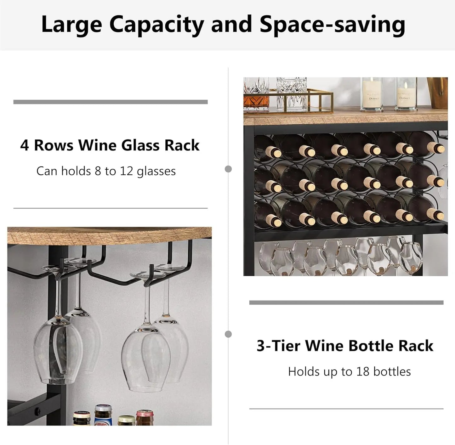 Wine Rack Table, 47 Inch Industrial Wine Bar Cabinet with Storage