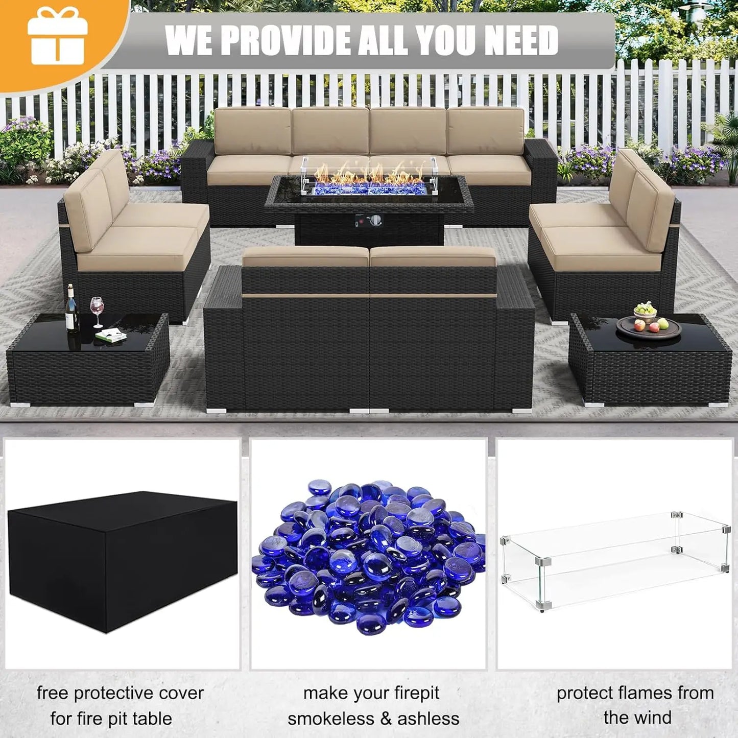 7/8 Pieces Outdoor Patio Furniture Set with Fire Pit Table