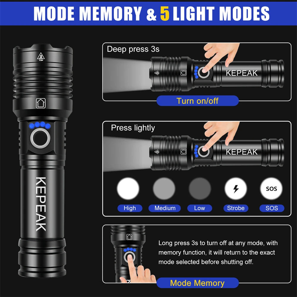 XHP50 Led Flashlight Long Range Aluminum Alloy Torch