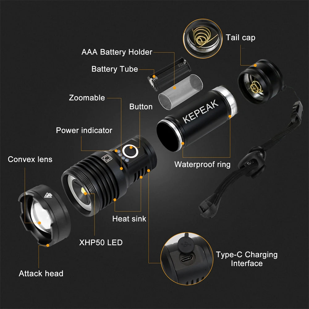 XHP50 Led Flashlight Long Range Aluminum Alloy Torch