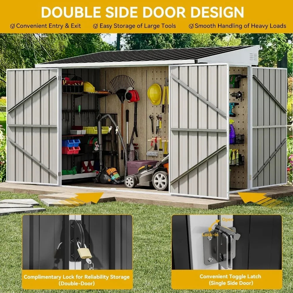 8x4ft Heavy Duty Garden Shed with 3 Lockable Doors & Air Vent & Sloped Roof, Waterproof