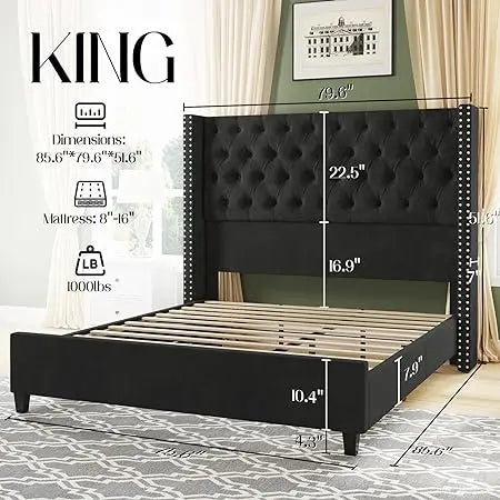 Upholstered Velvet Low Profile Platform Beds with Raised Wingback Headboard