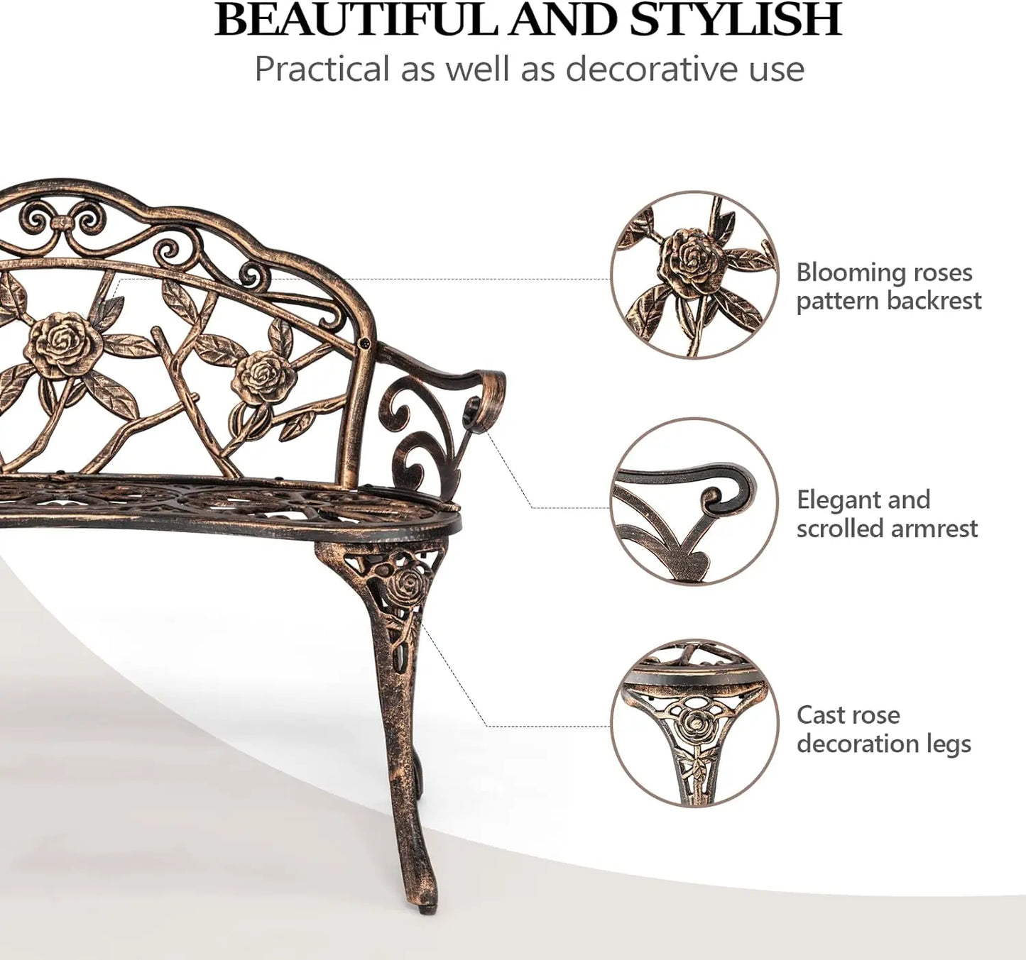 VINGLI 38.5" Patio Park Garden Outdoor Metal Rose Bench,Cast Iron Cast Aluminium Frame Antique Finish Chair,Accented Lawn