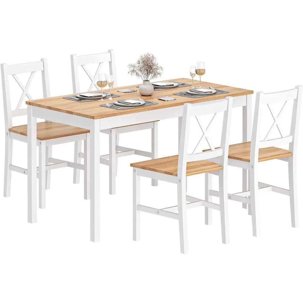 4-Person Dining Table Set, 5 Pieces Pine Wood Kitchen Table with 4 Chairs