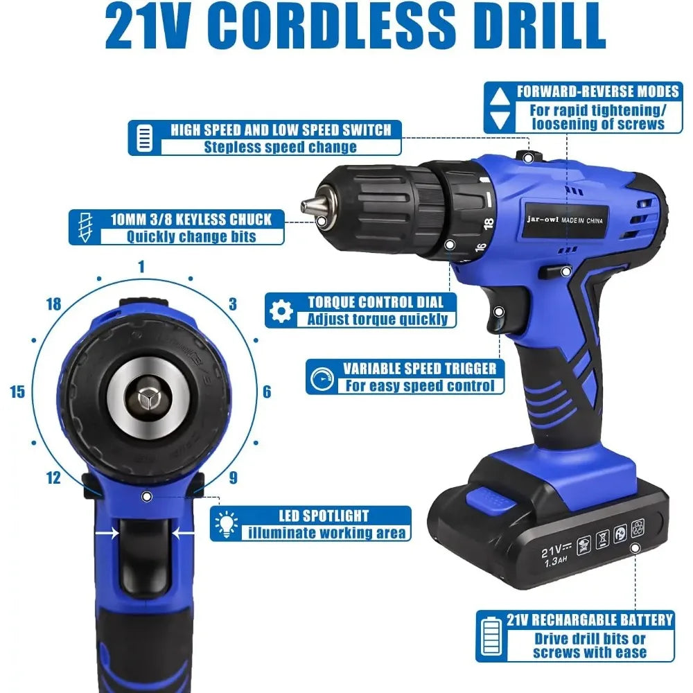 21V Tool Set with Drill, 350 in-lb Torque, 0-1350RMP Variable Speed