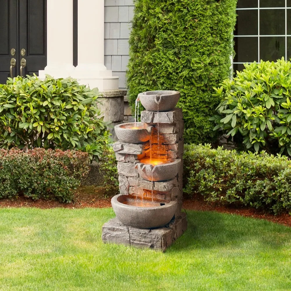 LED Outdoor Water Fountain, 4 Cascading Bowls and Stacked Stones