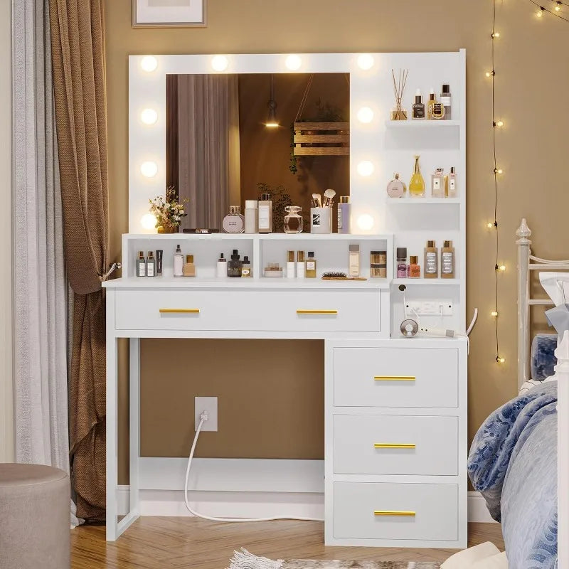 Makeup Vanity with Lights, Charging Station, with 10 Light Bulbs, Mirror & 3 Lighting Modes