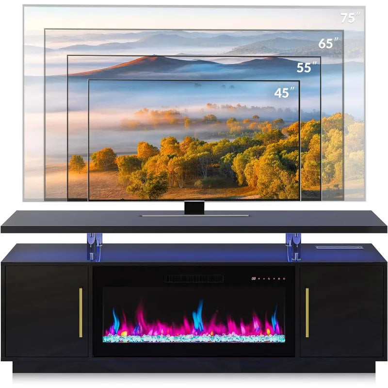 70" TV Stand for TVs up to 75", LED Light Entertainment Center with 36" Electric Fireplace Heater