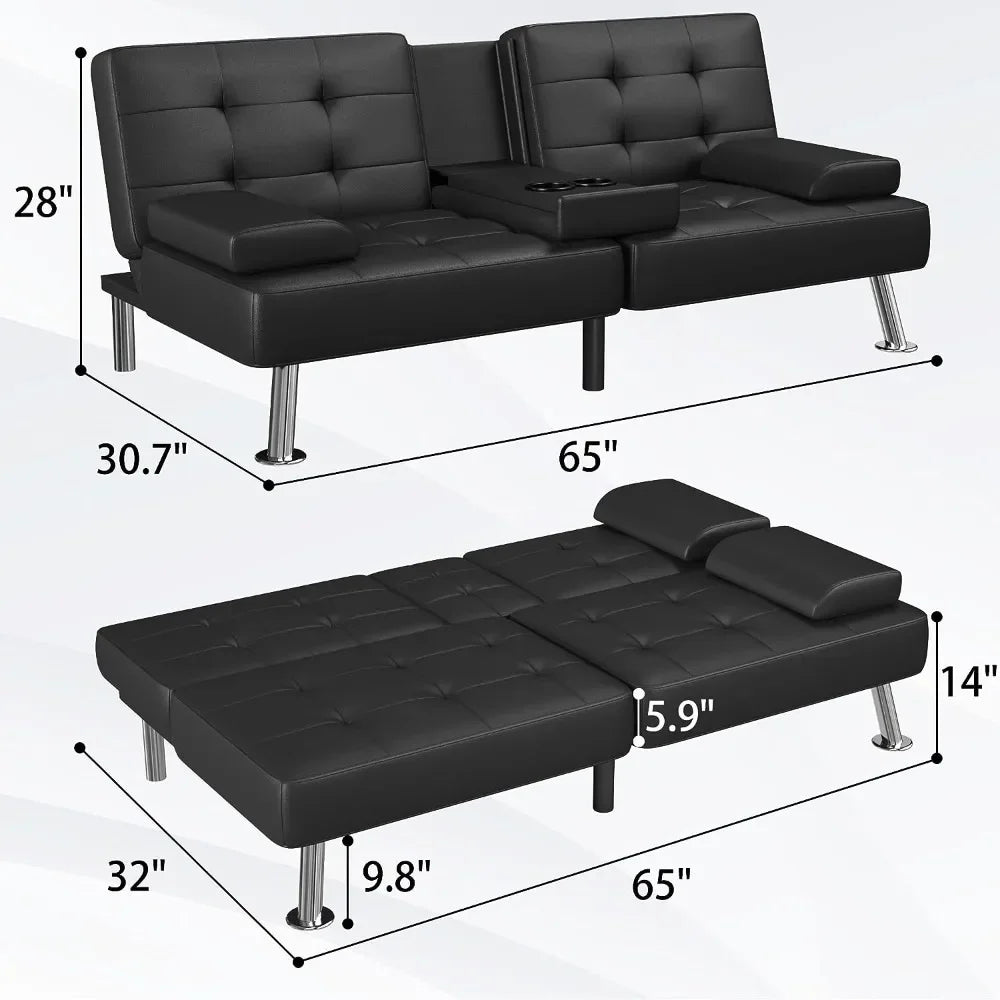 Sofa Bed Modern Faux Leather Couch with cupholders