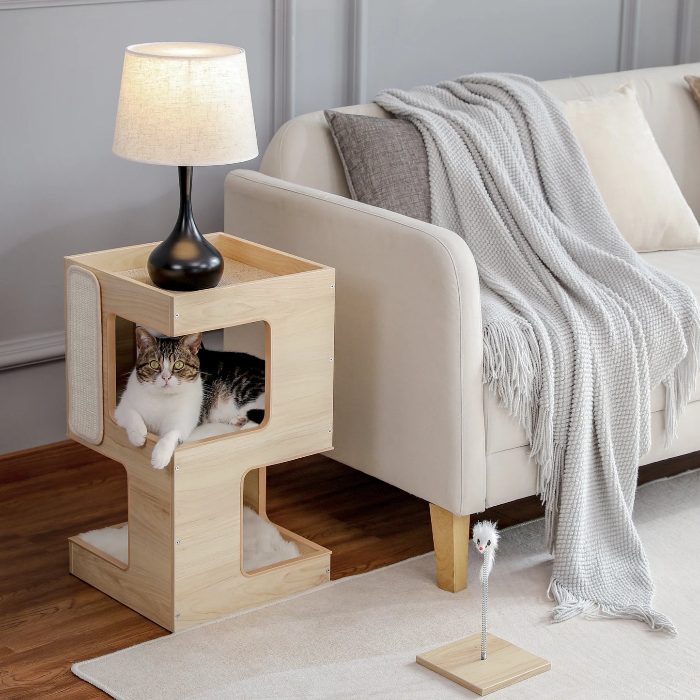 Modern Cat Tree with Scratcher Board Furniture Bed, 3 Levels