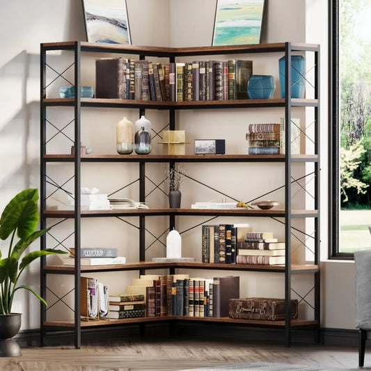 6-Shelf Corner Bookshelf, Vintage Industrial Corner Cabinet