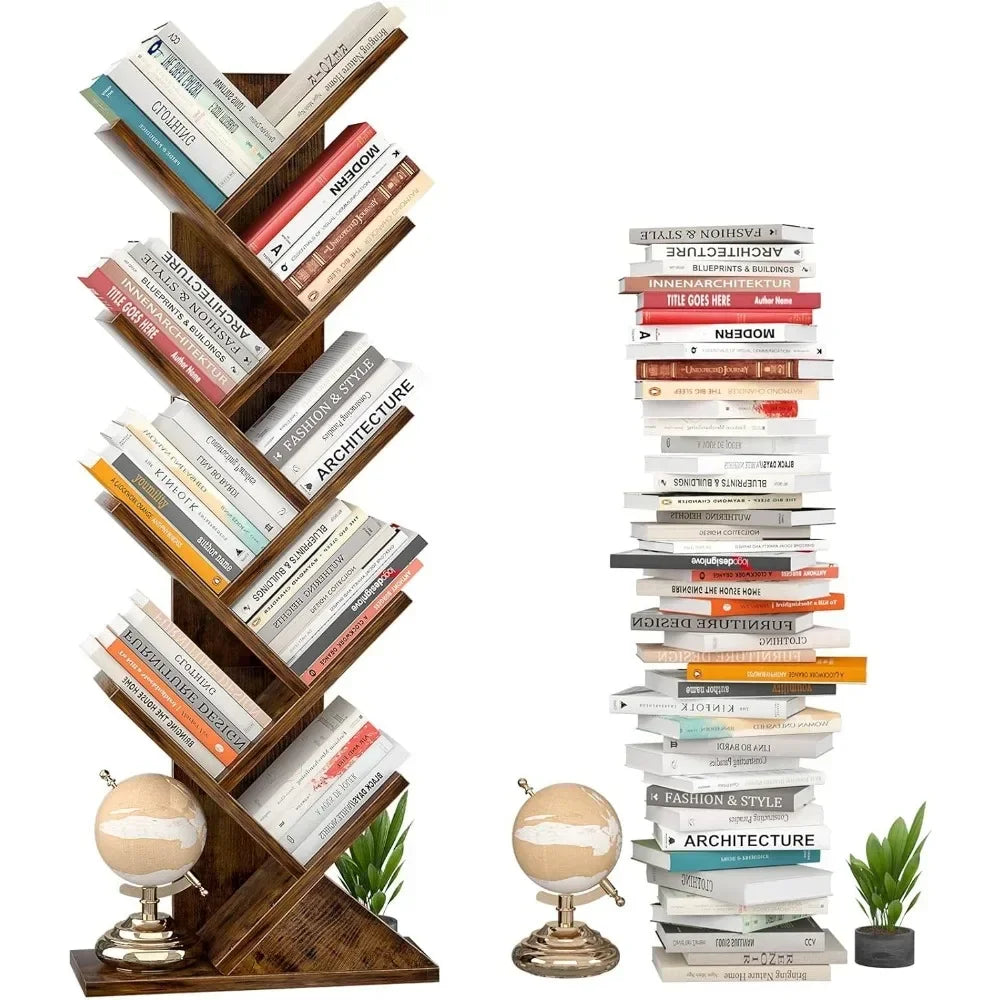 Tree Bookshelf, 9-Tier Shelf  Bookcase, Retro Wood Storage Rack