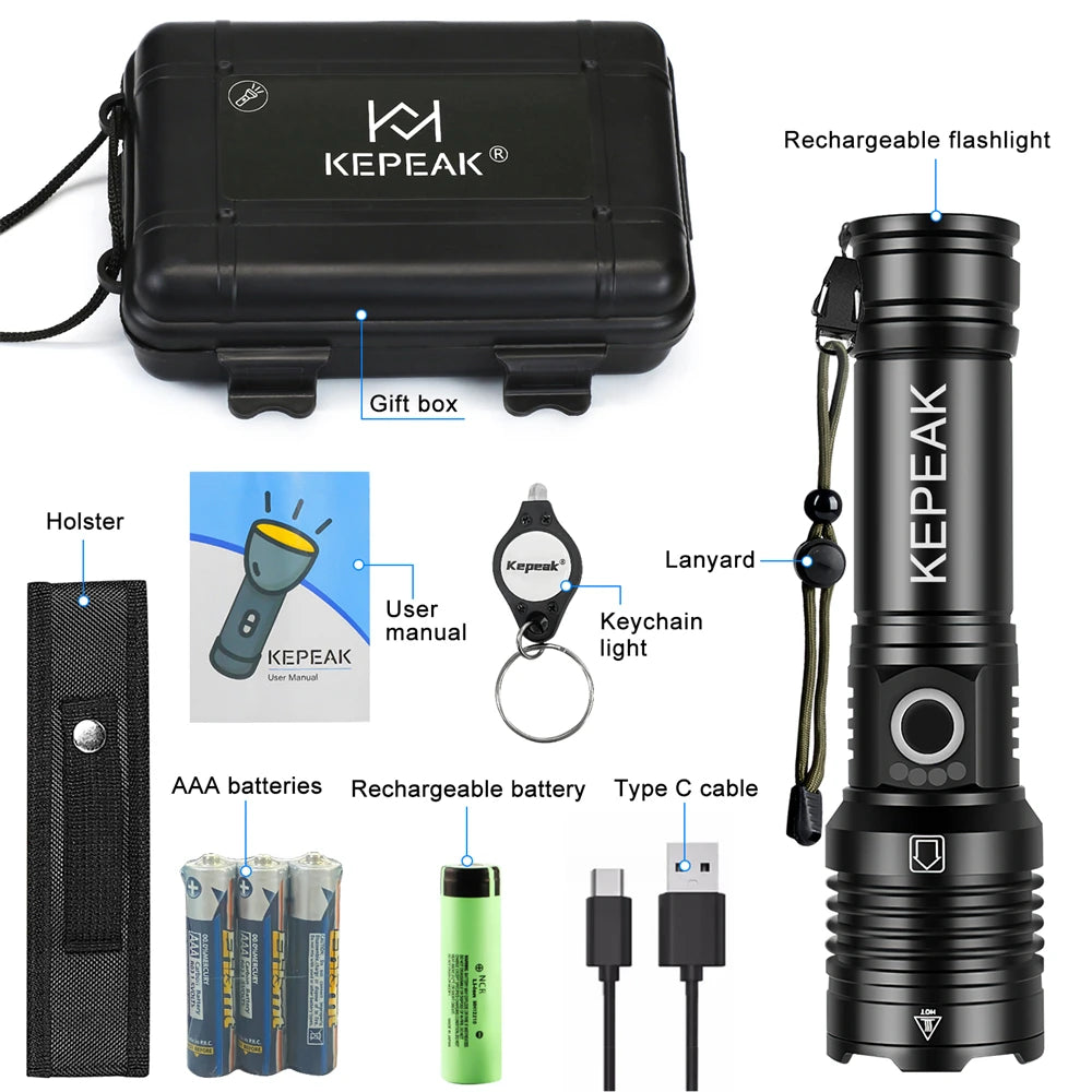 XHP50 Led Flashlight Long Range Aluminum Alloy Torch