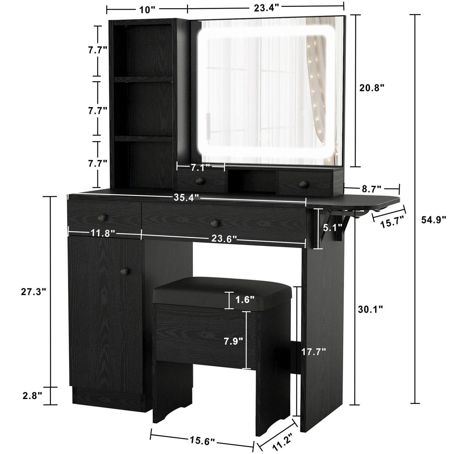 LIKIMIO Vanity Desk with Drawers, LED Lighted Mirror, Power Outlet & Cabinet, & Storage Stool