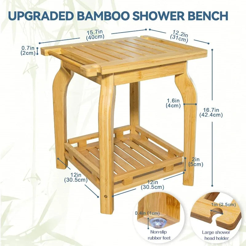 2-Tier Bamboo Shower Bench for Inside Shower Shaving Legs, 16 Inch Waterproof Bathroom Bench Shower Stool with Storage Shelf,