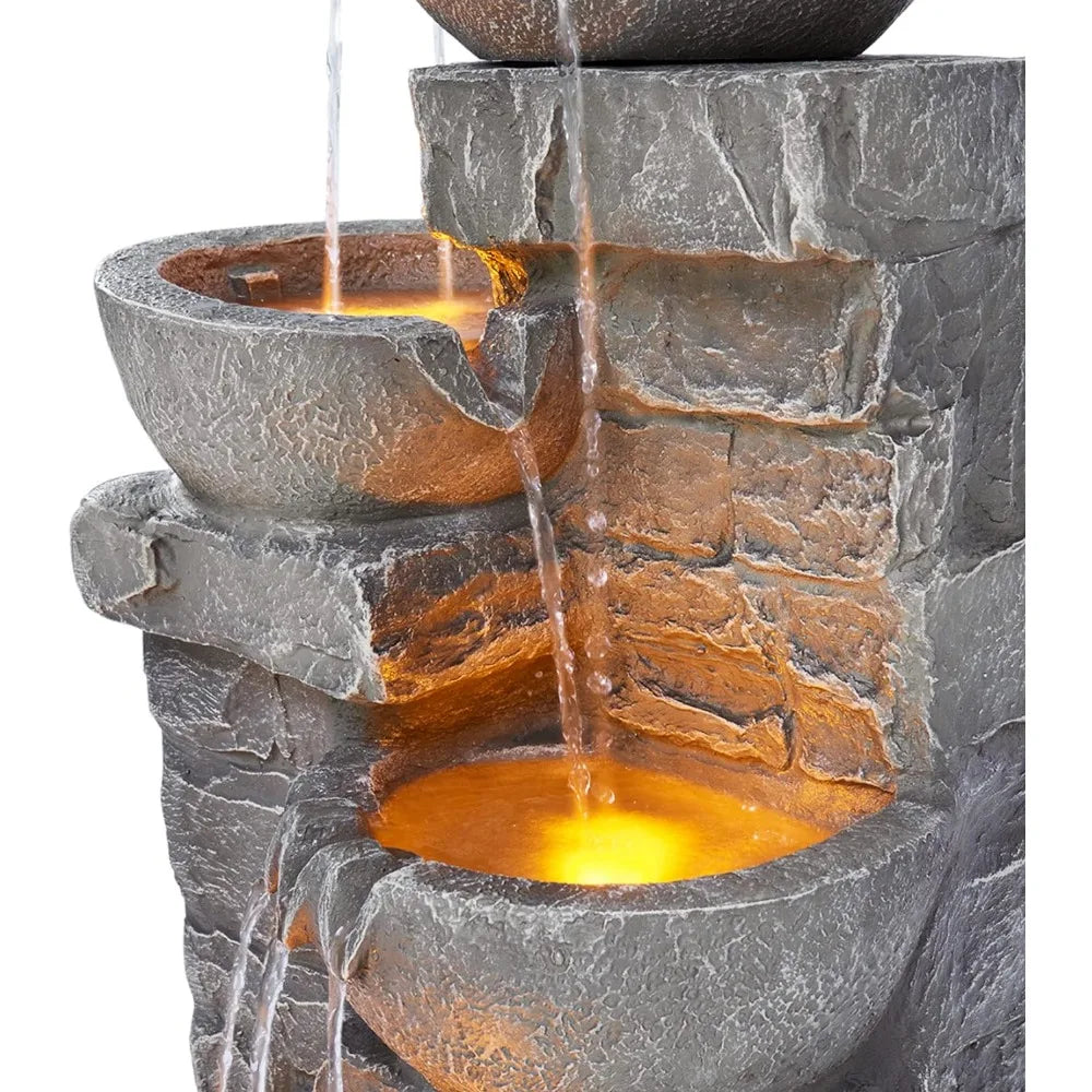 LED Outdoor Water Fountain, 4 Cascading Bowls and Stacked Stones