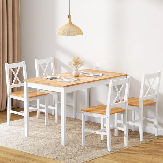 4-Person Dining Table Set, 5 Pieces Pine Wood Kitchen Table with 4 Chairs