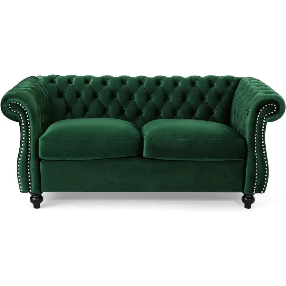 Karen Traditional Chesterfield Loveseat Sofa, Emerald and Dark Brown, 61.75 x 33.75 x 27.75