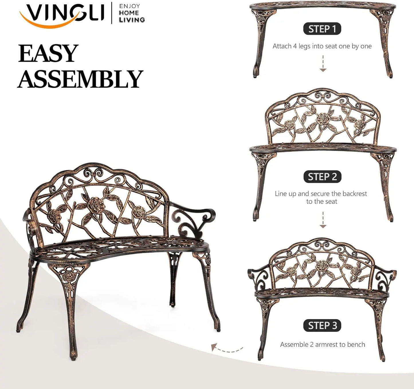 VINGLI 38.5" Patio Park Garden Outdoor Metal Rose Bench,Cast Iron Cast Aluminium Frame Antique Finish Chair,Accented Lawn