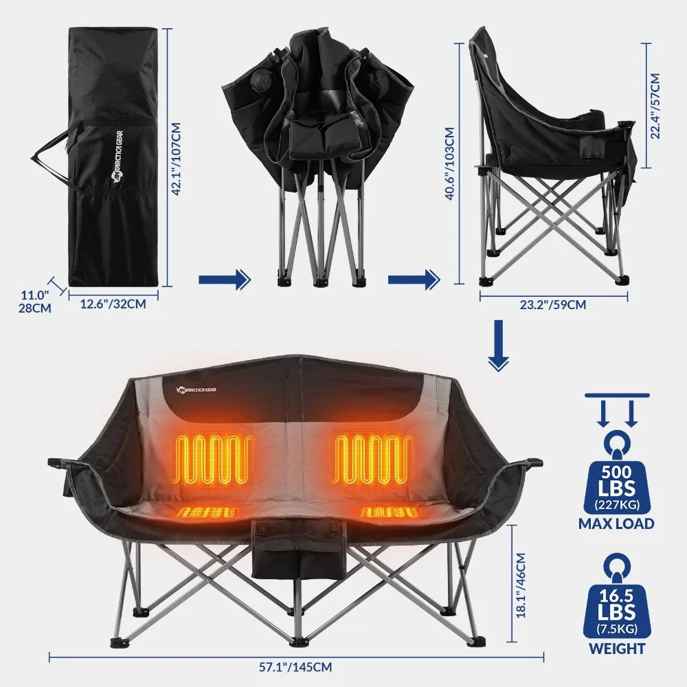 Heated Double Camping Chair, 2-Person Folding Chair with 12V 16000mAh Battery Pack