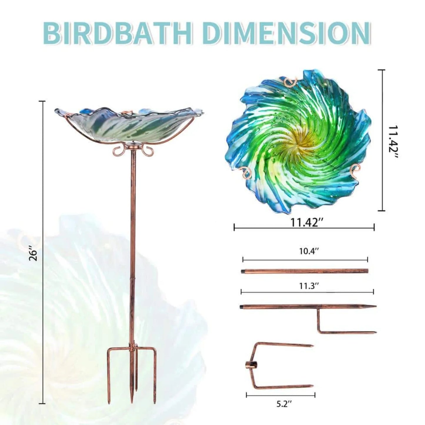 US 11.42 in. Glass Bird Bath Outdoor Birdbaths Garden Birdfeeder with Metal Stake