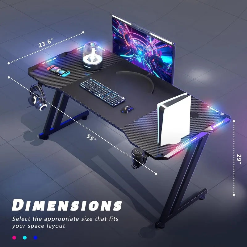 47 Inch Gaming Desk with LED Lights Carbon Fiber Surface