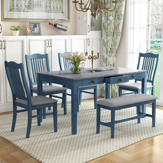 Wood Dining Table Set, 6-Piece, Upholstered Chairs and Bench