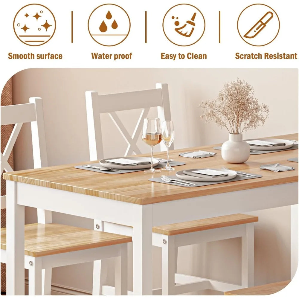 4-Person Dining Table Set, 5 Pieces Pine Wood Kitchen Table with 4 Chairs