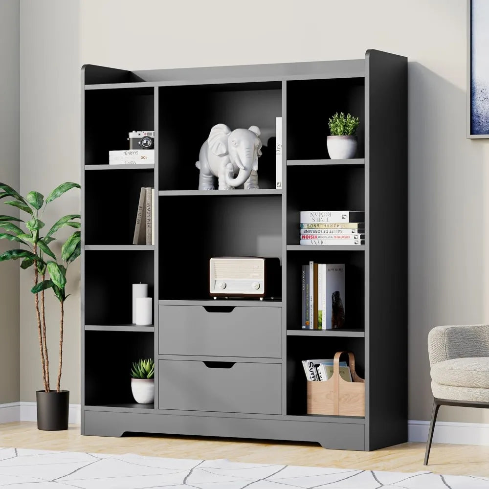 4-Tier Open Shelf Bookcase, 47.2" Cube Storage Shelf with 10 Cubes and 2 Drawers